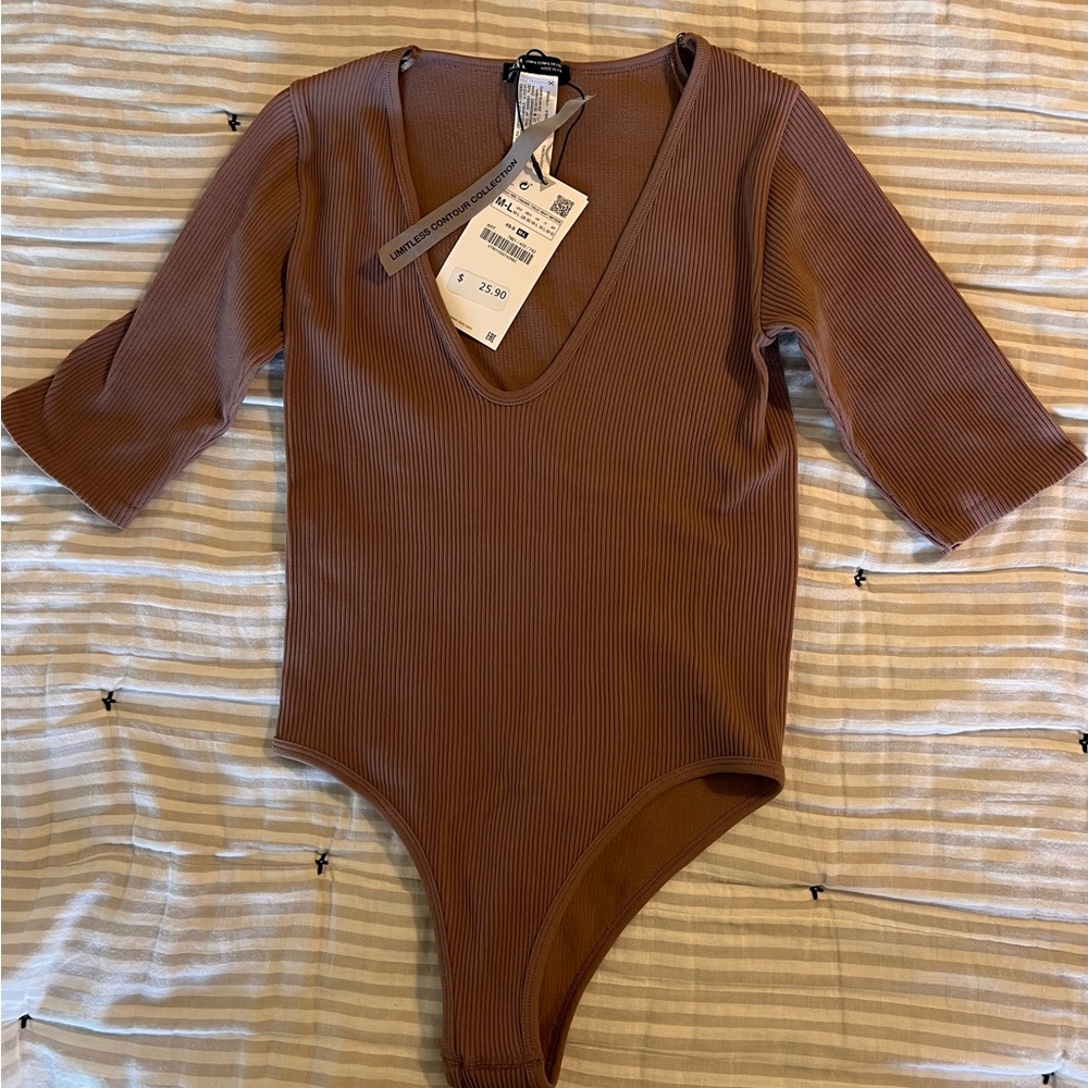 Zara Chocolate Brown Ribbed Bodysuit for women
